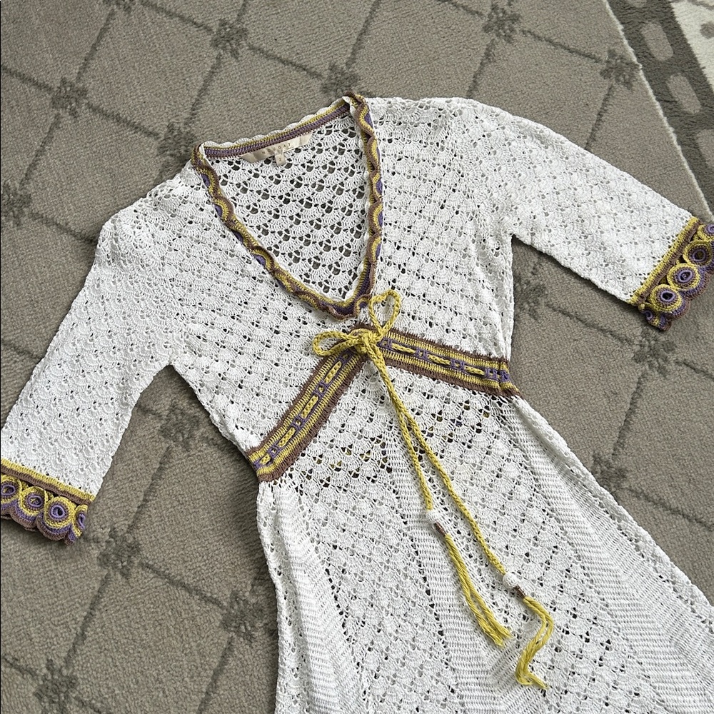 Vintage Nougat London White Crochet Dress with Gold and Purple Accents